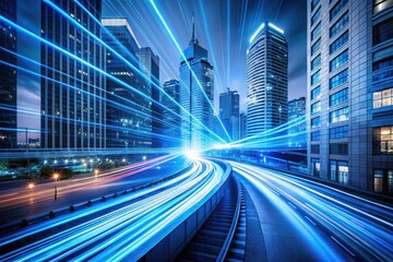 Fototapeta premium Futuristic Cityscape: Blue Light Streaks, Fiber Optics, Speed, Abstract Architecture, Digital Art