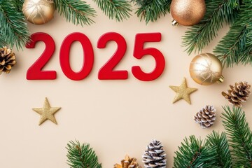 Red numbers 2025 surrounded by festive decorations including gold ornaments, pinecones, stars, and green fir branches on a beige background