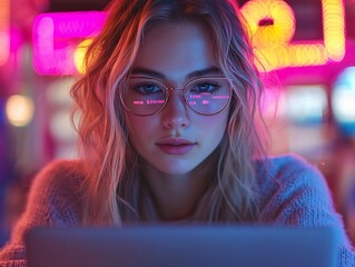 Young Adult Deeply Immersed in Coding on Laptop with Colorful Data Overlay Embodying the Concept of Education Fostering Growth