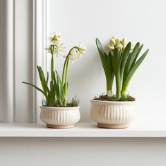 Fototapeta premium White wall with pots of hyacinth sprouts.