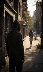Hooded figure hiding in shadow near a brick wall while a woman walks down a sunny street. Dramatic urban scene depicting stalking awareness. Advocacy concept for National Stalking Awareness Month.