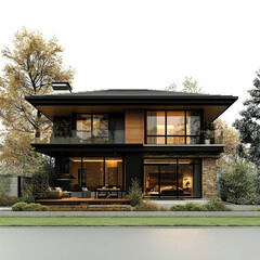 Modern two-story house with stone and wood exterior.