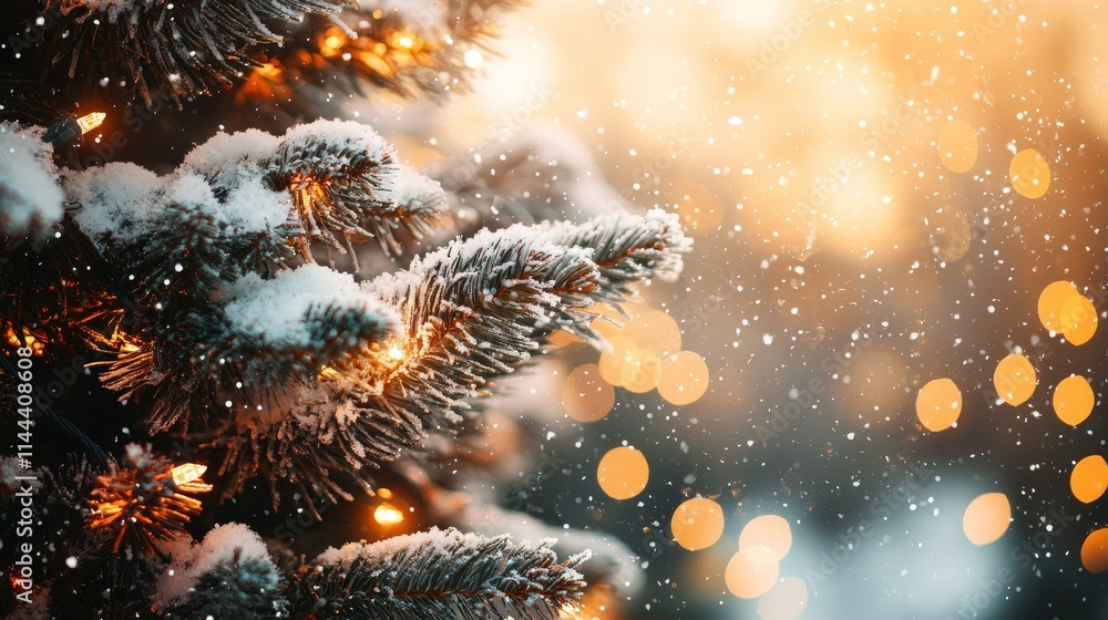 Poster a minimalist winter background featuring snow-covered fir tree branches and empty space for text.