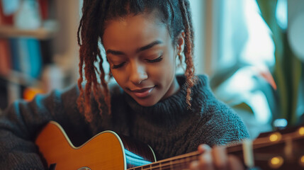 Woman, playing and guitar with music at home for hobby, skill and practice or creative with...