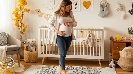 Pregnant, touching and woman in nursery with baby room, crib and anticipation for pregnancy. Mother, holding and feeling tummy with future child, maternity and care in apartment