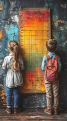 Children Measuring Growth on Colorful School Wall with Copy Space