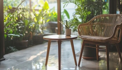 Obraz premium Wooden table and wicker chair near sunlit plants
