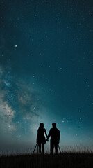 A photographer couple holding hands on a grassy hill with a camera tripod under the Milky Way and starry sky