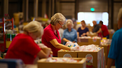 Volunteers, packing and help with group in warehouse for boxes, donation and food bank with community support. Charity, work and people with service, teamwork or humanitarian for aid