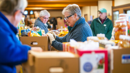 Volunteers, packing and help with group in warehouse for boxes, donation and food bank with community support. Charity, work and people with service, teamwork or humanitarian for aid