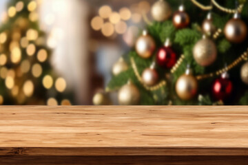 Empty wooden table top blurred christmas tree with yellow bokeh on background. Christmas xmas tree with festive bokeh light holiday on wood table blur  room with a christmas tree background, suitable 