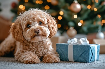 Fluffy dog relaxing beside a beautifully wrapped gift in a festive room decorated for the holiday...