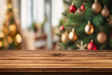 Empty wooden table top blurred christmas tree with yellow bokeh on background. Christmas xmas tree with festive bokeh light holiday on wood table blur  room with a christmas tree background, suitable 
