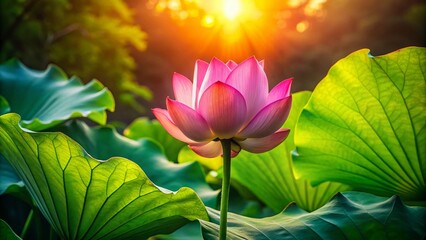 Obraz premium Pink Lotus Bud Silhouette, Emerging Lotus Flower, Green Leaves Silhouette, Sunrise Lotus Silhouette, Botanical Silhouette Photography