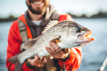 Obraz premium Fisherman proudly holds a large fish, freshly caught, with a big smile in the background.