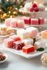A dessert display with delicate garnishes and a soft-focus background.