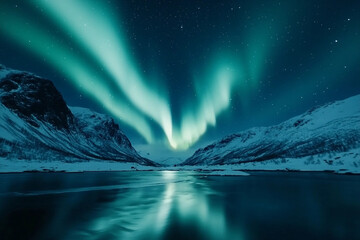 Fototapeta premium Majestic Northern Lights Over Snowy Forest Lake Landscape at Night Generative AI Image