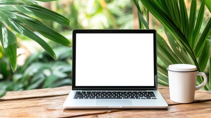 Fototapeta premium Laptop with Blank Screen and Coffee Cup on Wooden Table Surrounded by Plants