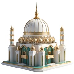 Fototapeta premium Magnificent Architectural Rendering: A 3D Model of an Exquisite Islamic Mosque with Golden Domes and Teal Accents, Isolated on White Background