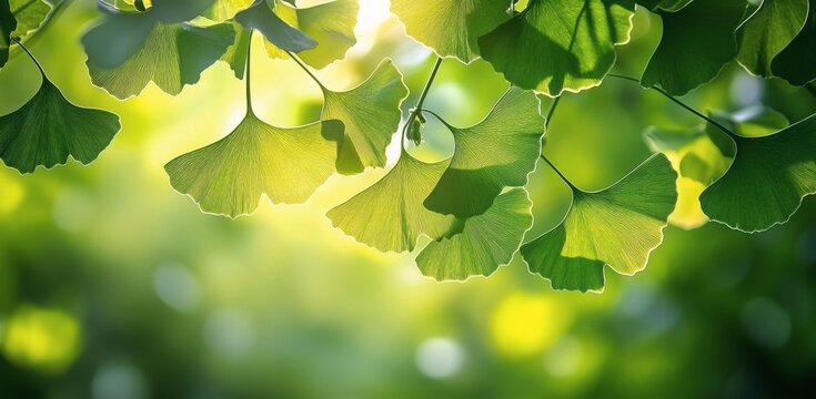 Lush green ginkgo biloba leaves illuminated by warm sunlight in a tranquil garden setting during golden hour - Powered by Adobe