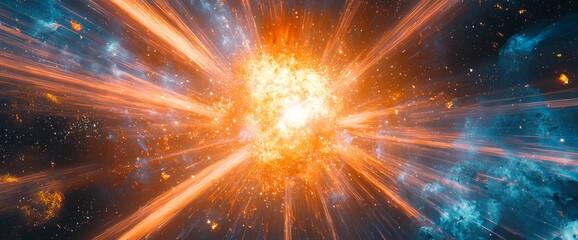 Fototapeta premium A wide-angle panoramic shot of an orange laser light beam against a dark cosmic space background, available from Stock.