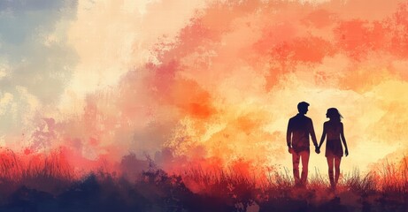 Fototapeta premium Serene Sunset Romance: Silhouettes of a Loving Couple Holding Hands in Dreamy Watercolor Sky Background for Celebrate Valentine Day Card