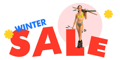 Poster. Contemporary art collage. Cheerful woman holding skis in vibrant bikini with WINTER SALE message, blending playful imagery with hot post-season discounts. Concept of shopping, discounts. Ad