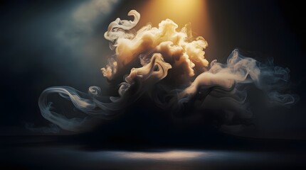 Cinematic swirling smoke illuminated by a spotlight in a dramatic dark scene