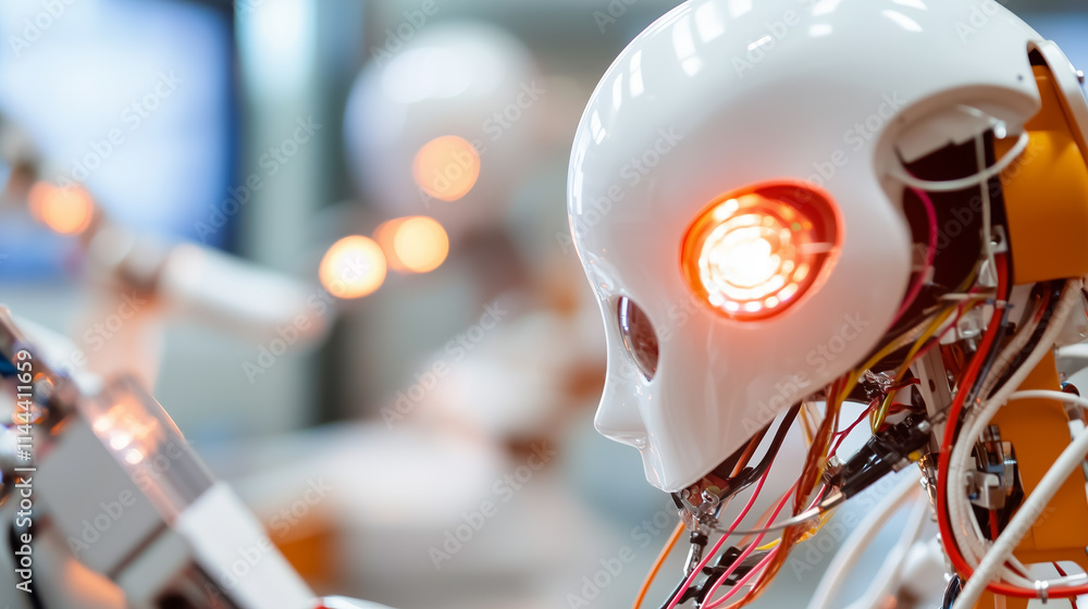 Poster robotic heads with glowing eyes showcase advanced artificial intelligence technology in a modern lab