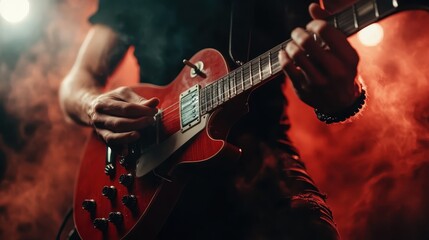 A musician plays an electrifying guitar solo on stage, enveloped in intense red lighting and haze, capturing the essence of live music and spirited emotion.