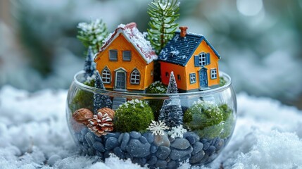 Naklejka premium A miniature winter landscape featuring colorful houses in a glass terrarium with snow.
