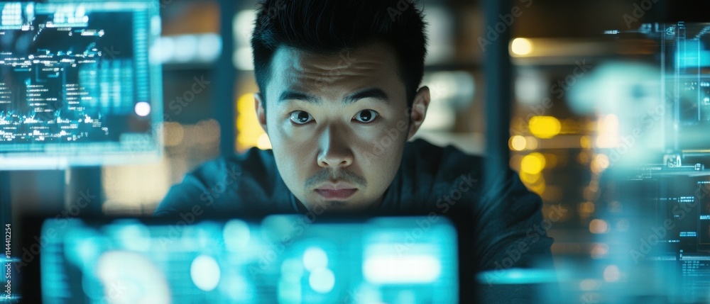 Poster asian man analyzing data in high-tech lab futuristic environment focused viewpoint