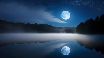 Smoky haze over calm water under a full moon at night