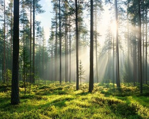 Fototapeta premium The Thuringian Forest in Thuringia, Germany, Europe, features a sunny spruce forest where sunlight streams through the trees.