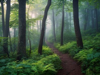 Obraz premium A shadowy forest with a radiant bonfire and lush ferns.