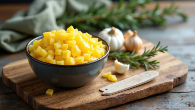 Bowl of grated cheese on a cutting board with herbs and garlic.