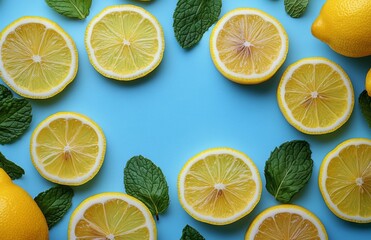 Fototapeta premium Lemons and mint leaves arranged on a blue surface create a vibrant and refreshing display perfect for culinary