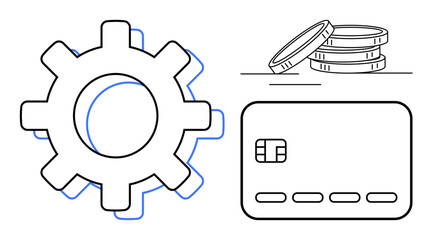 Fototapeta premium Gear icon, stack of coins, credit card. Ideal for financial services, banking, automation, fintech, economy online transactions budgeting. Line metaphor