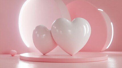 Two glossy white hearts on pink platform with geometric background.