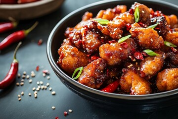 Delicious Spicy Honey Garlic Chicken in Black Bowl