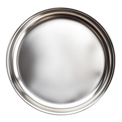 round silver metal plate shiny reflective dinnerware kitchen serving dish food presentation isolated on png transparent background
