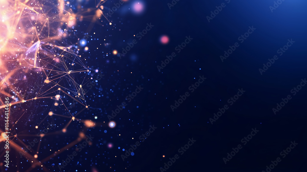 Poster abstract digital design showcasing vibrant particles and glowing connections in a dark space environ