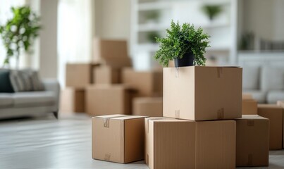 Packed moving boxes arranged around a cozy living room with a comfortable sofa and green plants near a bright