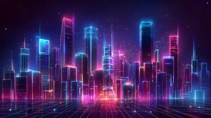 Futuristic city lights illuminate a dynamic wave of digital data in this abstract vector illustration, perfect for tech, web, and business backgrounds