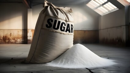 Industrial sugar sack in a warehouse with concrete floor and soft shadows
