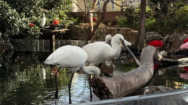 White Platalea birds walking in the water at a zoo, using their long, flat beaks to search for food in the shallow water