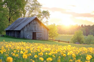 A quaint barn is nestled in a meadow of wildflowers, illuminated by the gentle light of the setting sun.