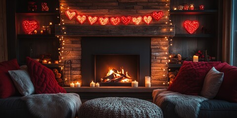 Cozy Valentine's Day Ambiance in Living Room with Heart Garlands, Red Cushions, and Fireplace Glow for Romance and Comfort