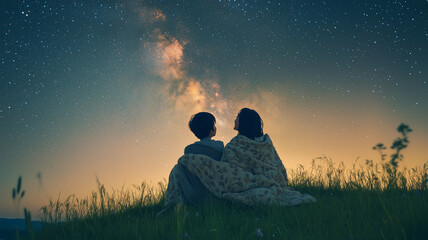 星空の下で天の川を見上げる日本人親子のひととき