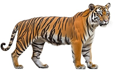 Fototapeta premium A full-body photo of a majestic white tiger standing still, showcasing its fur patterns and muscular build, cleanly isolated on white